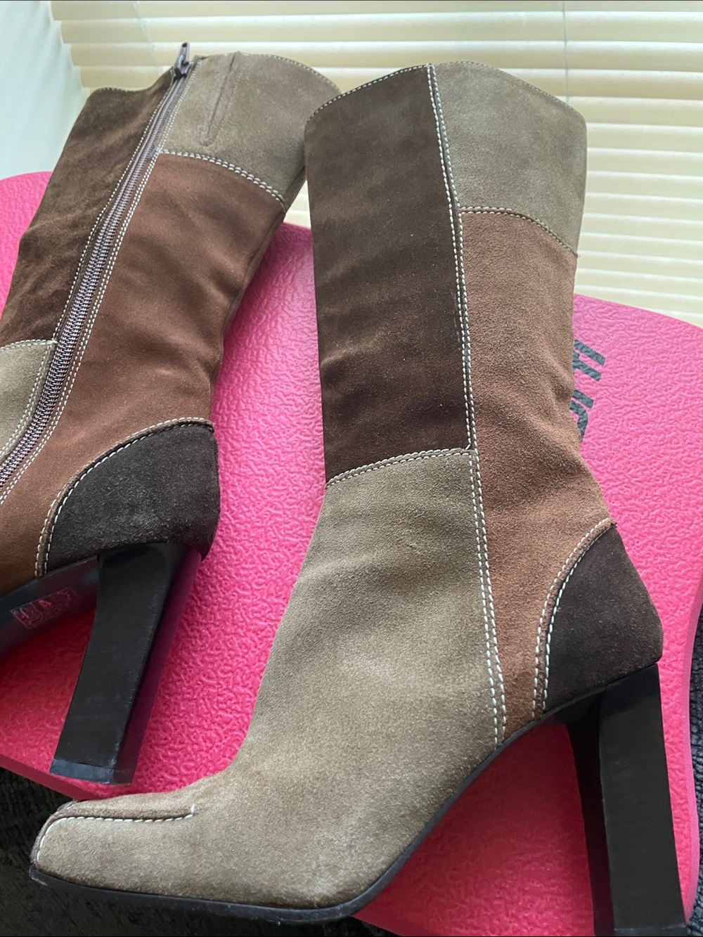 Via Spiga Two-Tone Taupe and Black High Heel Mid-Calf Boots - Picture 6 of 8